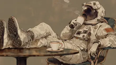 AI art 2K Quad HD PC desktop wallpaper: a chill-vibe astronaut lounging with boots on a table, sipping coffee from a mug.