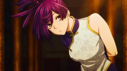 Yuzuriha (Hell's Paradise), purple-haired anime girl leaning forward in a white cheongsam — 5K Ultra HD PC desktop wallpaper and background.