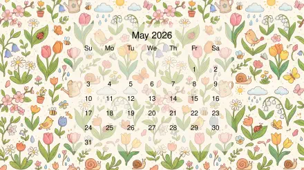 May 2026 calendar over a pastel spring floral pattern with tulips, watering cans, birds and snails — 5K Ultra HD PC desktop wallpaper and background.