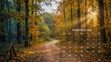 September 2026 calendar over a sunlit autumn forest path, 5K Ultra HD PC desktop wallpaper and background with translucent date grid.