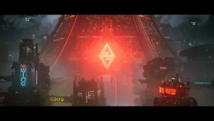 4K Ultra HD PC desktop wallpaper from video game The Ascent: neon-soaked cyberpunk cityscape with a towering megastructure bearing a massive glowing red emblem amid rain-slick skyscrapers.