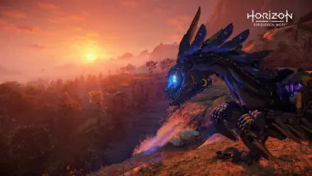 Video game 4K Ultra HD PC desktop wallpaper — Horizon Forbidden West: a blue-armored machine perched on a cliff at sunset overlooking a misty, forested valley.