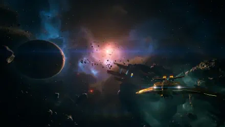 Everspace 2 video game 4K Ultra HD PC desktop wallpaper: sleek starships navigating an asteroid field against a glowing nebula and distant planet.