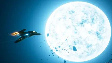4K Ultra HD PC desktop wallpaper and background from the video game Everspace 2: a sleek starfighter flies past a luminous blue-white star surrounded by drifting asteroids.