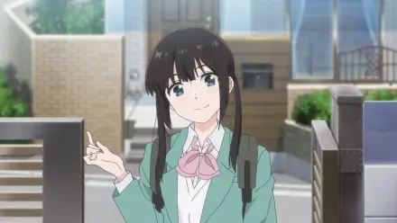 Anime HD desktop wallpaper: Miku Sakura from I Want to End This Love Game—school uniform, twin braids and backpack, smiling on a sunlit suburban street.