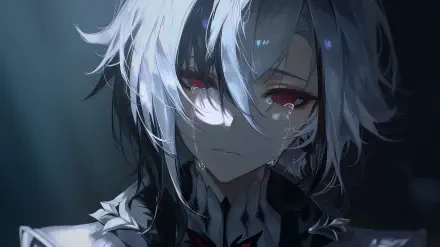 2K Quad HD PC desktop wallpaper from the video game Genshin Impact showing Arlecchino: a sad, crying anime girl with white hair and red eyes, tears streaking down her pale cheeks.