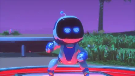 Astro Bot from Astro Bot Rescue Mission glowing blue on a neon platform at dusk — 4K Ultra HD PC desktop wallpaper background for a video game.
