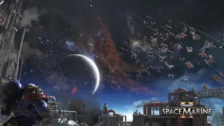 4K Ultra HD PC desktop wallpaper: Warhammer Space Marine video game art — a Space Marine in power armor stands on an industrial rooftop as a crescent moon and vast fleet fill the war-torn starfield.