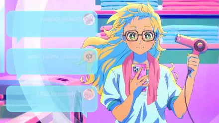 HD PC wallpaper of Kotoko Ijichi from the anime Gals Can't Be Kind to Otaku?!, bright neon background, smiling while holding a phone and a hairdryer.