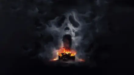 Scream 7 8K Ultra HD PC Desktop Wallpaper and Background: a burning car casts light beneath a towering, smoke-formed Ghostface mask rising from dark, stormy clouds.