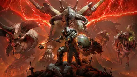 DOOM: The Dark Ages 4K Ultra HD PC Desktop Wallpaper and Background — armored Doom Slayer atop a mound of corpses under a blood-red sky, confronting towering demonic skull-creatures and scattered medieval weapons.