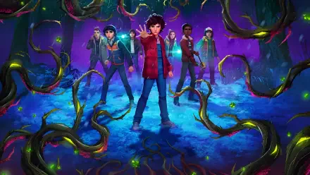 4K Ultra HD PC desktop wallpaper of TV show Stranger Things: Tales from '85 — a group of teens with flashlights stand amid glowing tendrils in a purple-blue otherworldly landscape.