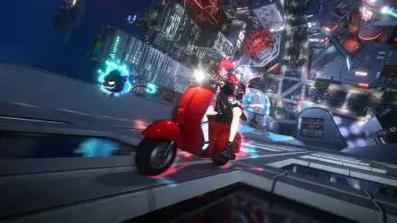Mobile game Neverness to Everness 4K Ultra HD PC desktop wallpaper: rider on a red scooter races along a tilted glass walkway above a neon-lit cyberpunk city at night.