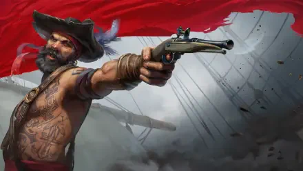 Windrose video game 4K Ultra HD PC desktop wallpaper: tattooed pirate gunslinger fires a flintlock pistol amid storm-tossed sails and a blood-red banner.