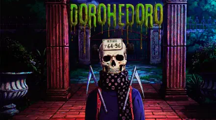 5K Ultra HD PC wallpaper of Ebisu (Dorohedoro Season 2): skull-faced anime figure with 64-96 license-plate mask, bandana and blades, set against a neon-dripping horror aesthetic.