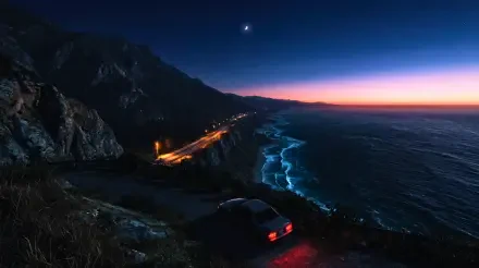 Grand Theft Auto–style 90s aesthetic 5K Ultra HD PC desktop wallpaper and background: lone car on oceanside highway during a sunset drive, neon-lit coastline and distant city lights.