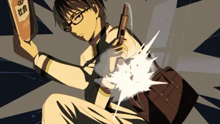 Anime HD PC desktop wallpaper of Juuzou Ougami (KILL BLUE), wearing glasses, mid-action with book and satchel, bright burst of light and dynamic motion.