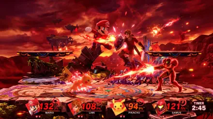 5K Ultra HD PC Super Smash Bros. desktop background: fiery battlefield with Mario, Pikachu and fighters clashing on a floating stage, damage HUD visible.