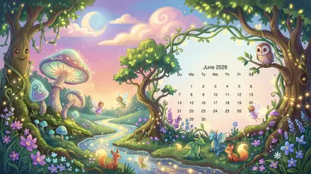 Whimsical fairy-tale landscape with glowing stream, mushrooms, owls and foxes beside a June 2026 calendar — 5K Ultra HD PC desktop wallpaper and background.