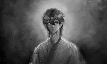 Black & white HD PC desktop wallpaper: ink-style portrait of the Shadow Slave (Webnovel) protagonist, a brooding youth framed by smoky shadows.