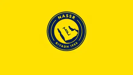 Bright yellow 4K PC wallpaper showing a navy circular Al-Nassr FC soccer sports logo with a stylized map and Nassr Riyadh 1955 centered.