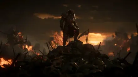 HD PC desktop wallpaper from the video game Tainted Grail: The Fall of Avalon — a lone fantasy knight in dark armor atop a mound of corpses and broken weapons as fires burn beneath a smoky sunset.