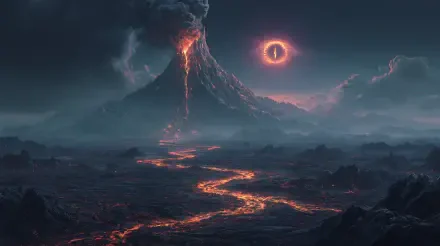2K Quad HD PC wallpaper: dark volcanic landscape from The Lord of the Rings movie, molten rivers flowing from an erupting volcano beneath a fiery Eye in a smoky sky.