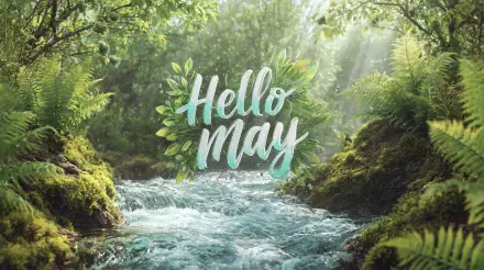 2K Quad HD PC desktop wallpaper: Hello May lettering floating above a sunlit, mossy stream surrounded by lush spring nature.