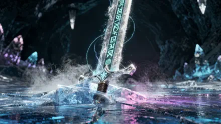4K Ultra HD PC desktop wallpaper and background: a glowing legendary sword plunged into cracked ice in a crystal cavern, rune-lit blade and swirling mist.