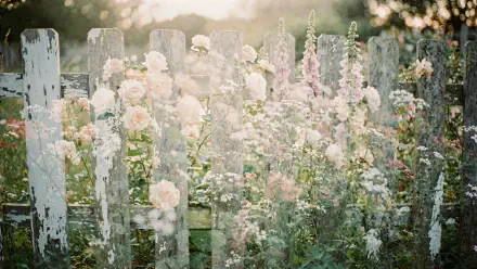 Weathered garden fence with peeling white paint, pastel roses and wildflowers bathed in soft morning light — 4K Ultra HD PC desktop wallpaper and background.