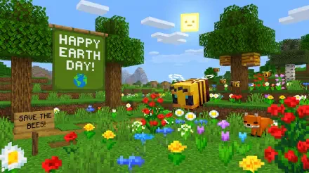 Earth Day video game Minecraft 2K Quad HD PC desktop wallpaper: blocky meadow with a Happy Earth Day! sign, colorful flowers, a bee, trees, a fox and a smiling sun.
