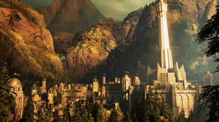 5K Ultra HD desktop wallpaper of Minas Ithil in the Lord of the Rings — Middle-earth: Shadow of Mordor scene: an ancient fortress city with a towering spire among rugged mountains.