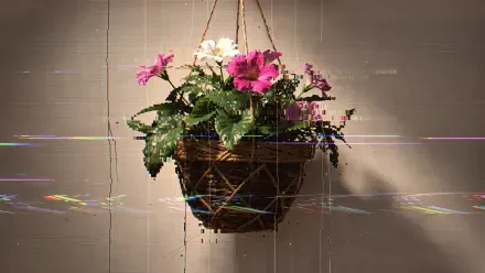 4K Ultra HD PC desktop wallpaper and background — woven hanging basket of pink and white flowers suspended against a neutral wall with faint digital glitch streaks.
