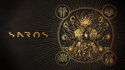 4K Ultra HD PC desktop wallpaper for the video game Saros: gold-on-black ornate circular sigil featuring a crowned, many-armed throne figure surrounded by arcane symbols and radiating lines.