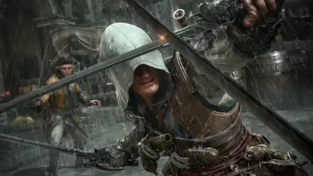 Assassin's Creed IV: Black Flag 4K Ultra HD PC desktop wallpaper — video game scene of a hooded pirate assassin lunging through rain, crossed blades and flintlock pistol in a stormy dock fight.