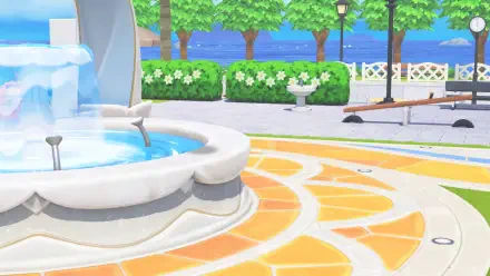 Tomodachi Life, Tomodachi Life: Living the Dream HD PC desktop wallpaper — bright park scene with a white fountain, orange-tiled plaza, green trees and waterfront benches.