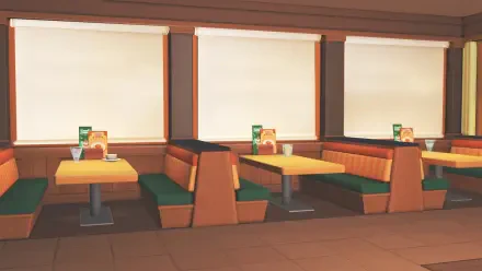 Tomodachi Life, Tomodachi Life: Living the Dream HD PC desktop wallpaper — cozy empty diner interior with booth seating beneath three windows.