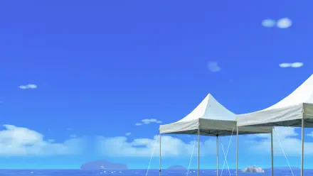 Tomodachi Life, Tomodachi Life: Living the Dream — HD PC desktop wallpaper of a bright blue sky over a calm sea with white canopy tents along the shore.