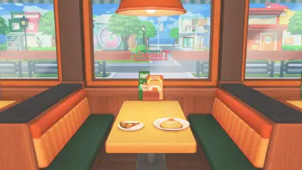 Tomodachi Life, Tomodachi Life: Living the Dream — HD PC desktop wallpaper/background of a cozy diner booth with two plates on the table and a colorful town seen through the window.