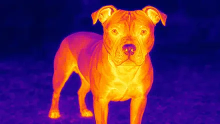4K Ultra HD PC desktop wallpaper of a pitbull in vibrant thermal-style colors, standing and facing the viewer against a dark background.