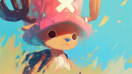 Cute anime portrait of Chopper (One Piece) in colorful painterly strokes, 2K Quad HD PC desktop wallpaper and background.
