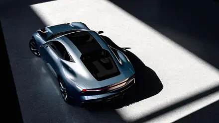 Lynk & Co GT hypercar in metallic blue, top-down view with dramatic light beams; 4K Ultra HD PC desktop wallpaper and background.