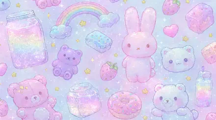 Whimsical pastel fairy-kei cutecore kawaii illustration of jars, bunny and bear plushies, donuts, rainbows and hearts — 2K Quad HD PC desktop wallpaper/background.