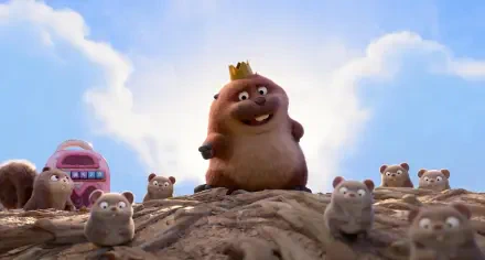 Animated movie Hoppers 2K Quad HD PC wallpaper: a crowned, smiling furry leader stands on a rocky mound surrounded by many small, wide-eyed rodent-like companions under a bright blue sky.