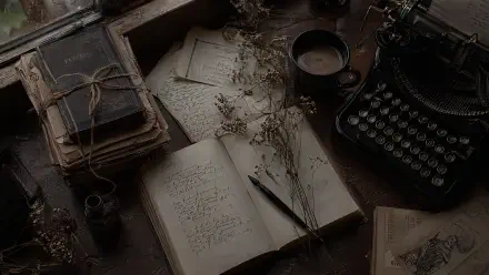 Poetcore 4K Ultra HD PC desktop wallpaper and background: moody writing desk with open notebook of handwritten verses, fountain pen, ink pot, vintage typewriter, tied books, dried flowers and coffee.