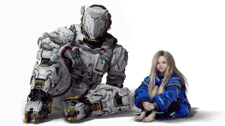 Pragmata 4K Ultra HD PC desktop wallpaper/background: a massive futuristic armored astronaut seated beside a relaxed young girl in a blue coat on a white backdrop.