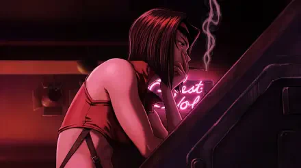 Faye Valentine (Cowboy Bebop) — anime waifu leaning on a neon-lit counter, smoking; moody 5K Ultra HD PC desktop wallpaper.