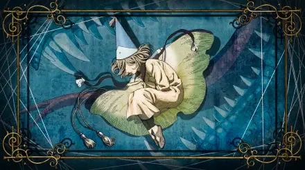 Witch Hat Atelier's Coco in an anime fantasy scene, perched on a giant leaf with a small dragon and ornate frame — 5K Ultra HD PC desktop wallpaper background.