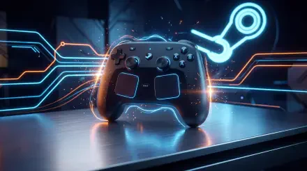5K Ultra HD PC desktop wallpaper showing a Steam controller on a reflective desk, bathed in neon blue and orange circuit lines and subtle sparks.