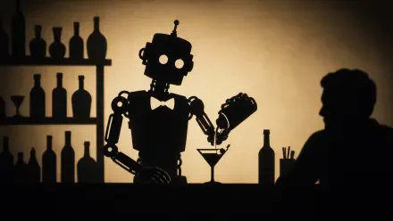 Silhouetted robot bartender in a bow tie shakes a cocktail behind a bar while a patron watches; 4K Ultra HD PC desktop wallpaper and background.